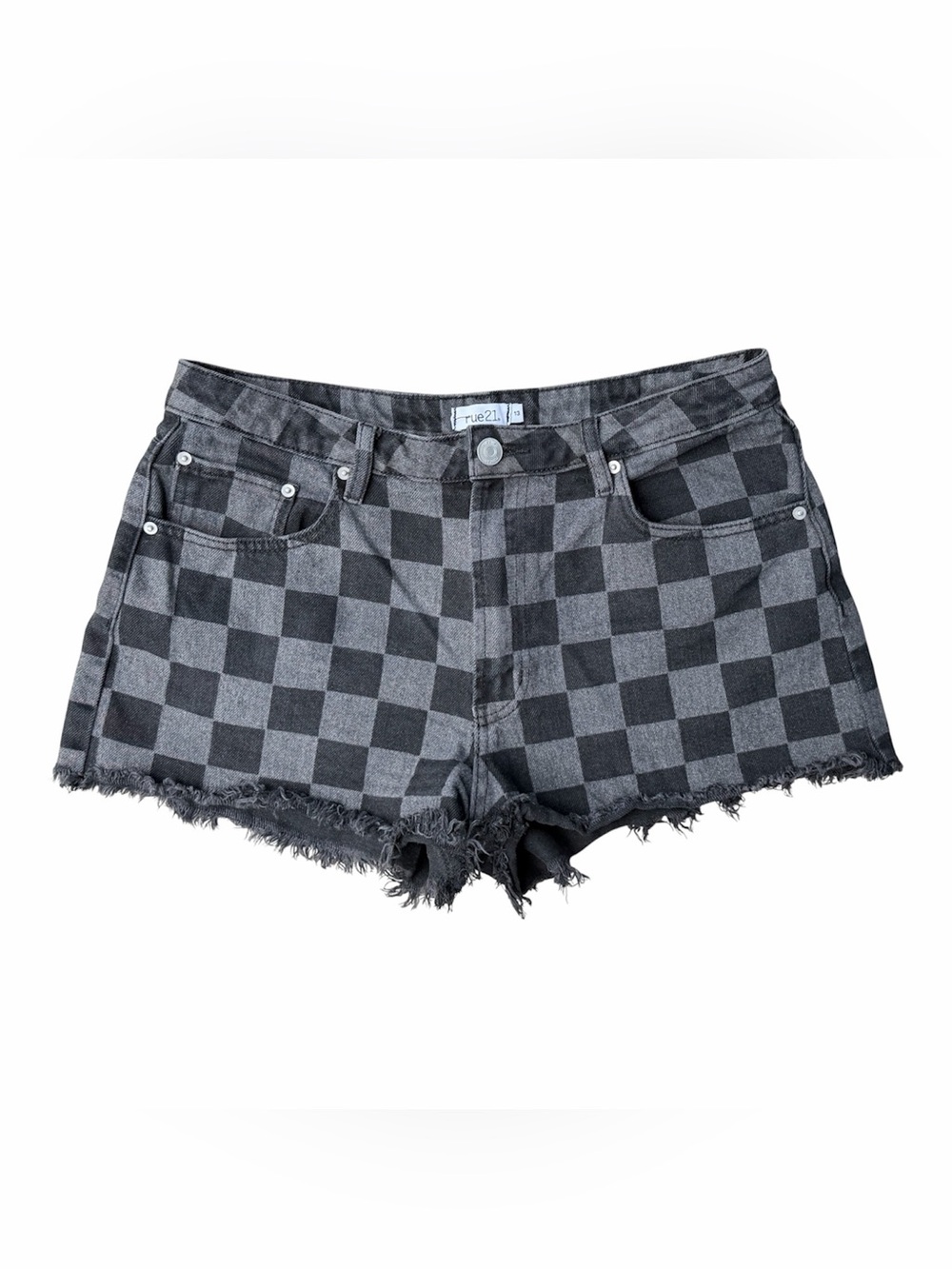 rue21 Black/Gray Denim Checkerboard Frayed Hem Stretch Jean Shorts Y2K Festival